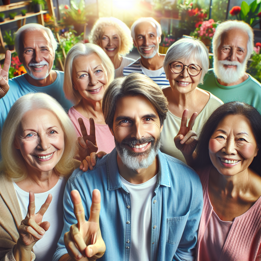 image shows group of older adults flashing the V for victory sign. AI generated image